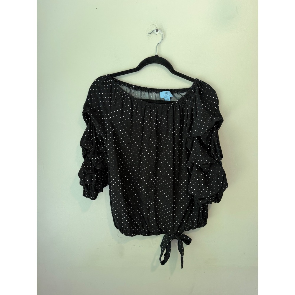 CeCe Polka Dot Off The Shoulder Ruffle Sleeve Tie Front Blouse Black White M